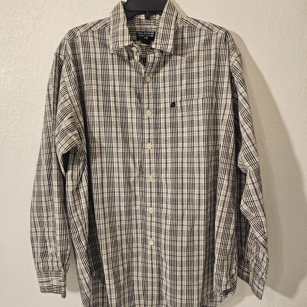 Polo Jeans Co. Ralph Lauren Black White Plaid Cotton Button-Up Shirt Long Sleev…